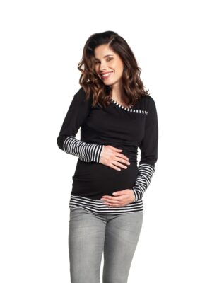 Pregnancy and breastfeeding blouse in black and stripes.